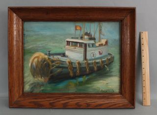 Antique Charles Bohannah American Maritime Ny Tugboat Seascape Oil Painting