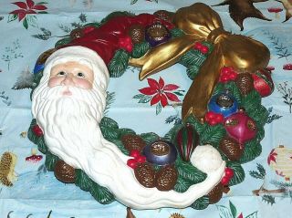 Vintage Hand Painted Ceramic Christmas Wreath 13 " Diameter Santa Bow Estate Find