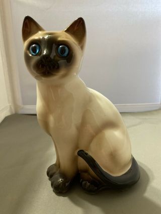 Vintage Enesco ? Siamese Cat Figurine Sitting Blue Eyes Porcelain Ceramic 7 "