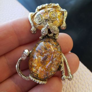 Vintage Gold Tone Jelly Belly Glass Cabs Dog Pin Brooch 2 " T