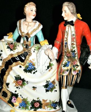 Antique German Dresden Lady & Man Courting Couple Dancers Porcelain Figurine