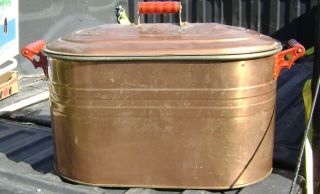 Antique Vtg Copper Boiler W/lid Wash Tub Wood Handles