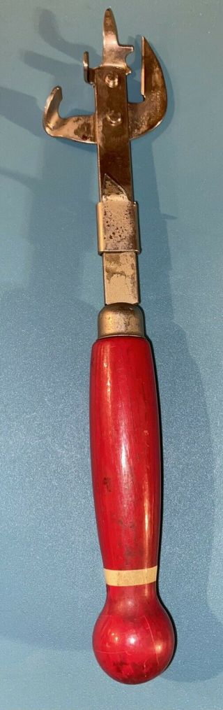Vintage Red And Yellow A&j Wood Handle Can Opener Tin Can Punch Bottle Opener