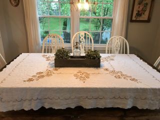 Vtg Farmhouse Handmade Stitched Embroidered Tablecloth Floral Cross Stitch
