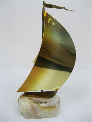 Vintage 1975 John & Don Demott Signed Brass Sailboat Sculpture With Onyx Base