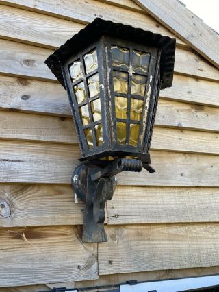 Vintage Large Outside Wall Coach Style Lantern Light Shade Metal And Amber Glass 3