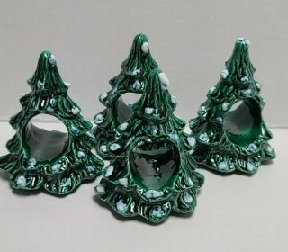 Vintage Holiday Christmas Tree With Snow Ceramic Napkin Holders Rings Set Of 8