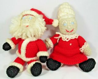Vintage Crocheted Knitted Santa & Mrs Claus Dolls 1960s Christmas Handmade