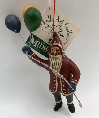 Vintage Midwest Cannon Falls Folk Art Randy Tate Santa Claus W Balloons Ornament