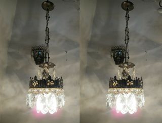A Pair Antique Vintage Basket Style Crystal Chandelier Lamp Light 1940s 6 In Dmt