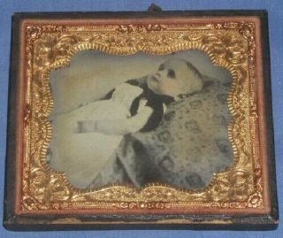 Antique 1/6th Plate Daguerreotype Post Mortem Photo Deceased Baby Hand Tinted