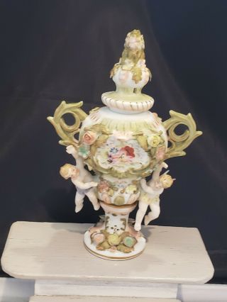 Antique Sitzendorf Urn With Cherubs Early 20th Century German Porcelain 7 "