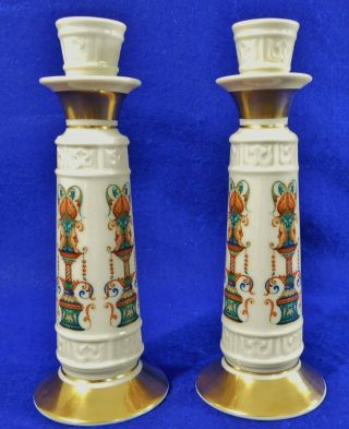 Pair Vintage Lenox Lido 8.  5 " Ivory Gold Gilt Porcelain Candle Stick Holders Usa