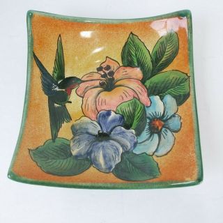 Vintage Gto Mexico Folk Art Hummingbird Floral Hand Painted Ceramic Dish Square