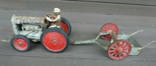 Antique Cast Iron Arcade Toy Tractor & Pulling Implement Labels Fordson