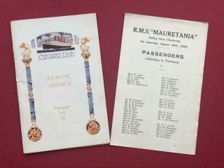 Cunard Line R.  M.  S.  " Mauretania " Passenger List 30/8/1924 - Captain Rostron.