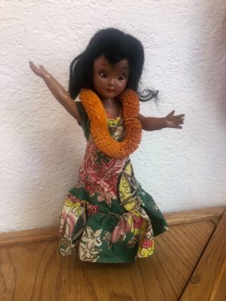 Vtg Hawaiian Hula Girl Doll Floral Cotton Dress Lei Adorable