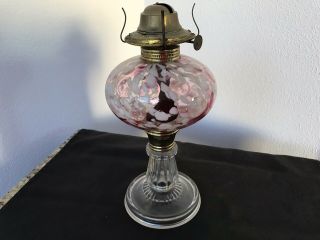 Victorian Antique Spatter Glass Pink / White Opalescent Kerosene Oil Lamp