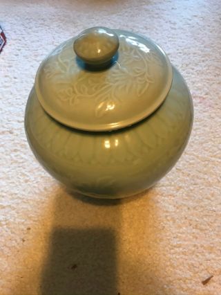 Chinese Late 19th Century Antique Longquan Celadon Porcelain Covered Jar 9 - 1/2 " H