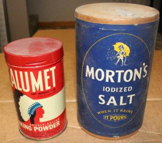 Vintage Old Morton Salt Container And Calumet Baking Powder Tin Rains It Pours