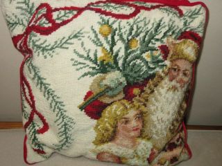 Vintage Wool Needlepoint Santa Christmas Pillow Red Velvet Back 12 " Square