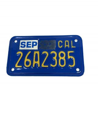 California Vintage Blue And Yellow Motorcycle License Plate C.  1980