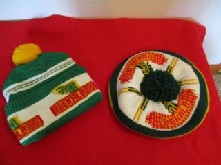 2 Vintage Dekalb Stocking Cap Knit Winter Pom Poms Hat Advertising Seed Company