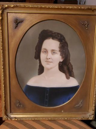 Antique 19th Century Victorian Pastel Portrait Young Lady 26x21 Gold Gilt Frame
