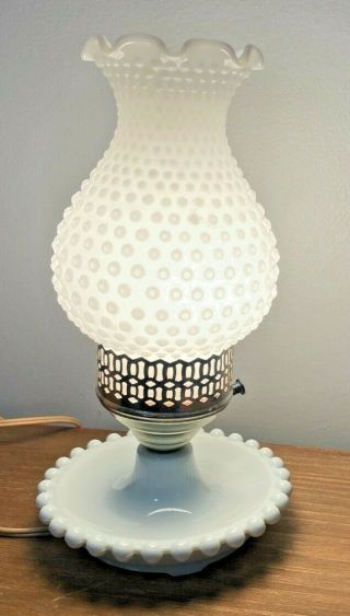 Vintage Hobnail White Milk Glass Hurricane Style Table Lamp With Beaded Base