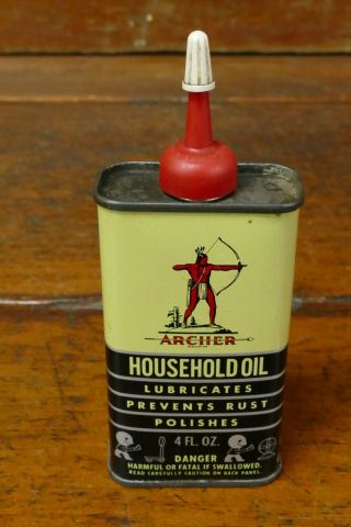Vintage Archer Household Oil 4oz Handy Oiler Oil Can W/ Indian Graphic