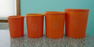 Vintage Set Of 4 Orange Tupperware Servalier Canisters W/ Lids Retro Kitchenware