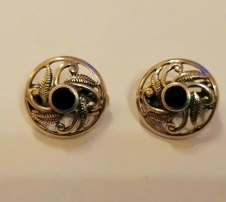 Vintage Sterling Silver And Black Onyx Clip Earrings
