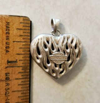 Sterling Silver 925 Harley - Davidson Flaming Heart Pendant 12.  5 Grams Dual Sided