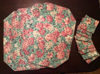 Set Of 6 Vintage Handmade Quilted Placemats And 8 Coasters Floral Pinks Greens