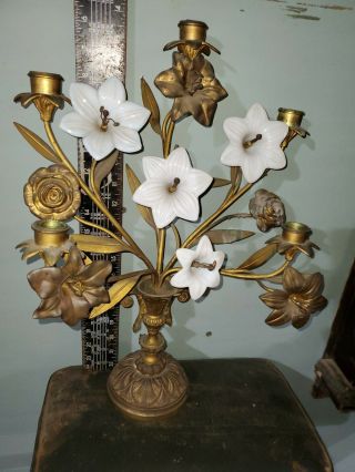 Antique French Gilt Brass Church Altar Candelabras Milk Glass Floral
