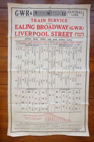 1941 Gwr & London Transport Underground Tube Railway Timetable Poster Ealing