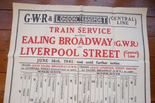 1941 GWR & London Transport Underground Tube Railway Timetable Poster Ealing 2
