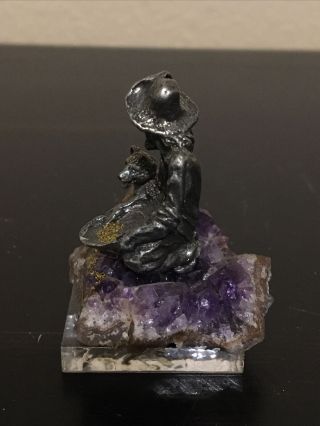 Vintage CURRIER Panning Gold Miner W/Dog Pewter Amethyst Geode Figurine 2” Tall 2