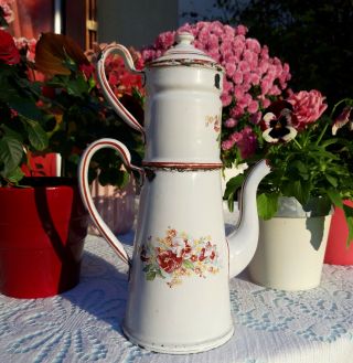 Lovely Antique Enameled French Coffee Pot Burgundy Pansies Hand Painted 1930s