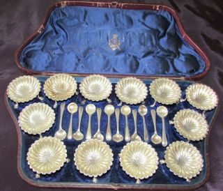 Victorian Cased Set 12 Old English Silver Sheffield Plate Open Salts & Spoons