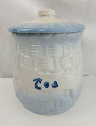 Antique Mccoy Blue White Stoneware Basket Weave Morning Glory Tea Canister & Lid