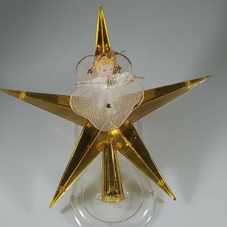 Vintage Jewel Brite Hard Plastic Gold Star Angel Tree Topper Christmas Ornament