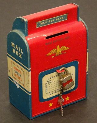 Ohio Art Vintage Usps Post Office Mail Box Tin Toy Coin Bank With Padlock & Key