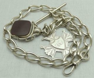Exquisite Antique Silver Pocket Watch Chain With Bloodstone Silver Spinning Fob