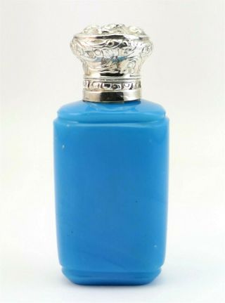 C1880,  Antique 19thc Victorian Silver Blue Opaline Glass Perfume Scent Bottle