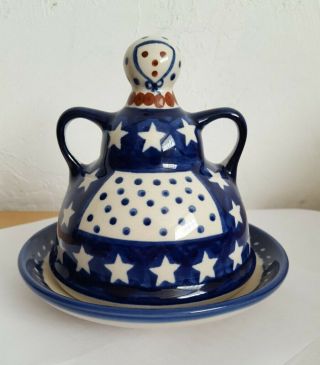 Vintage Boleslawiec Unikat Poland Polish Pottery Covered Cheese Butter Dish Dome