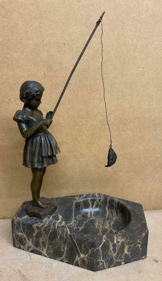 Art Deco Bronze Girl Fishing - Marble Base With Tray - Signed Preiss