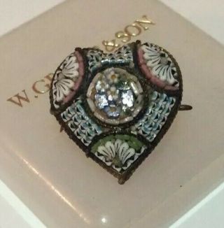 Vintage Victorian Jewellery Fine Micro Mosaic Flowers Sweetheart Heart Brooch