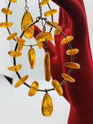 Big Vintage Baltic Honey Amber Dangle Drop Hoop Earrings 4 