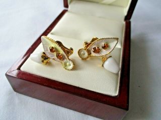 Vintage Austrian Crystal White Enamel Glass Acorn Clip In Earrings